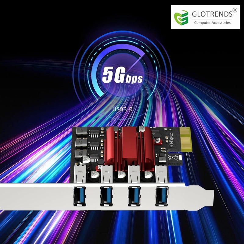 GLOTRENDS U3044BG بطاقة توسيع PCIe 4-Port USB 3.0 Type-A 5Gb، حوامل عادية ومنخفضة، متوافقة مع ويندوز ولينكس (لا تدعم ماك أو إس) - Image 4
